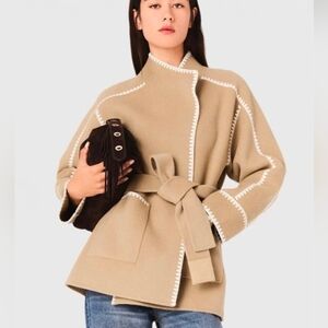 Maje Wool Blend Double Faced Belted Coat Size XS Embroidered Trim New $700